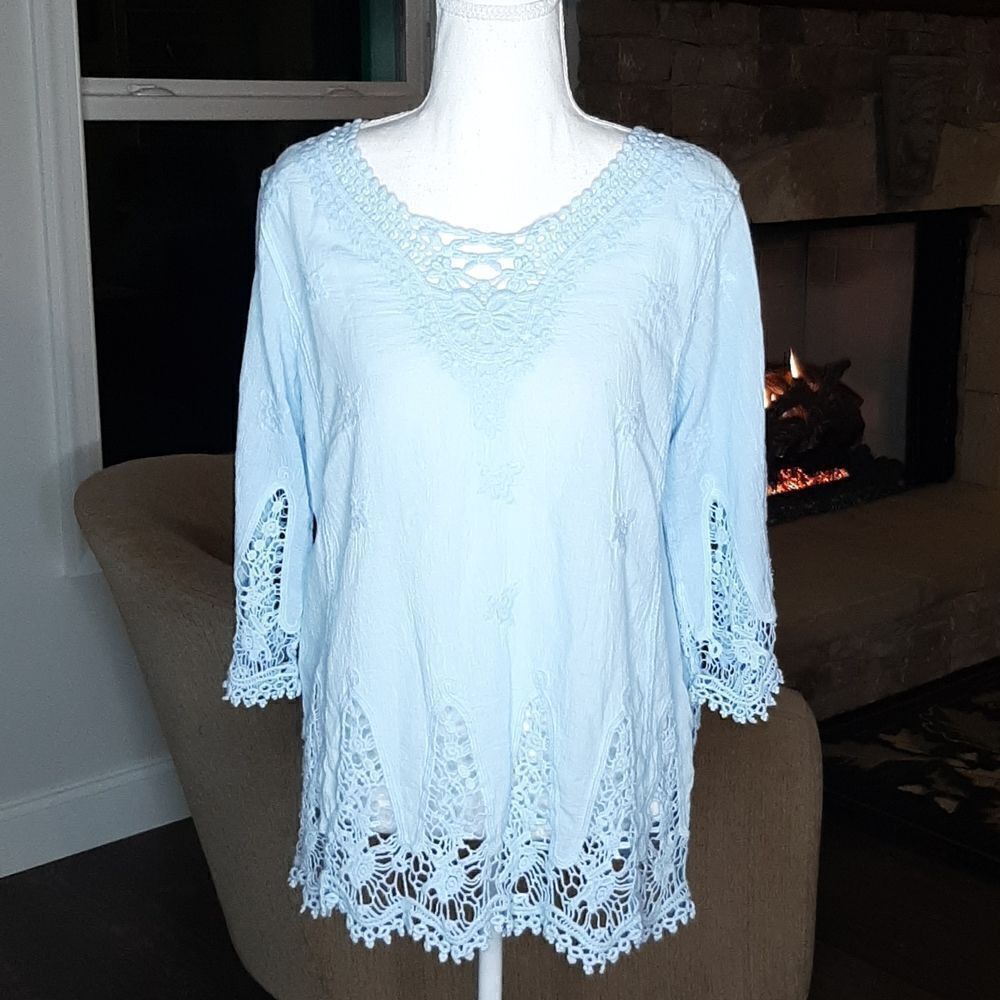 Cato Blue Quarter Sleeve Shirt with Embroidered Butterflies
